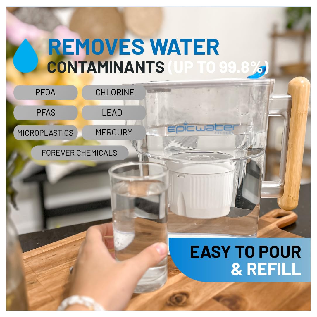Epic Water Filters Pure Filter Pitchers for Drinking Water, 10 Cup 150 Gallon Filter, Tritan BPA Free, Removes Fluoride, Chlorine, Lead, Forever Chemicals (White & Bamboo)