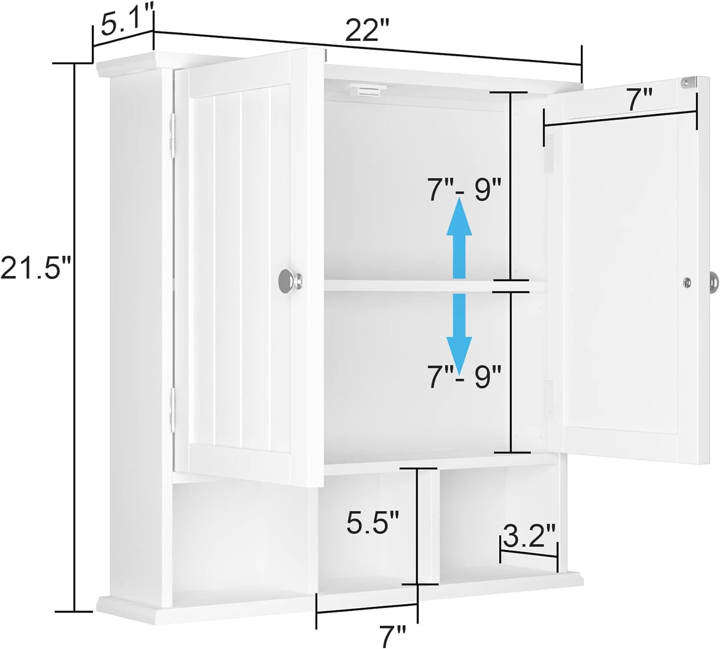 ChooChoo Bathroom Cabinet Wall Mounted 2-Door with 3 Open Shelves, Wooden Medicine Cabinets with Adjustable Shelf, Space Saver Storage Cabinets Over The Toilet for Bathroom&Living Room, White