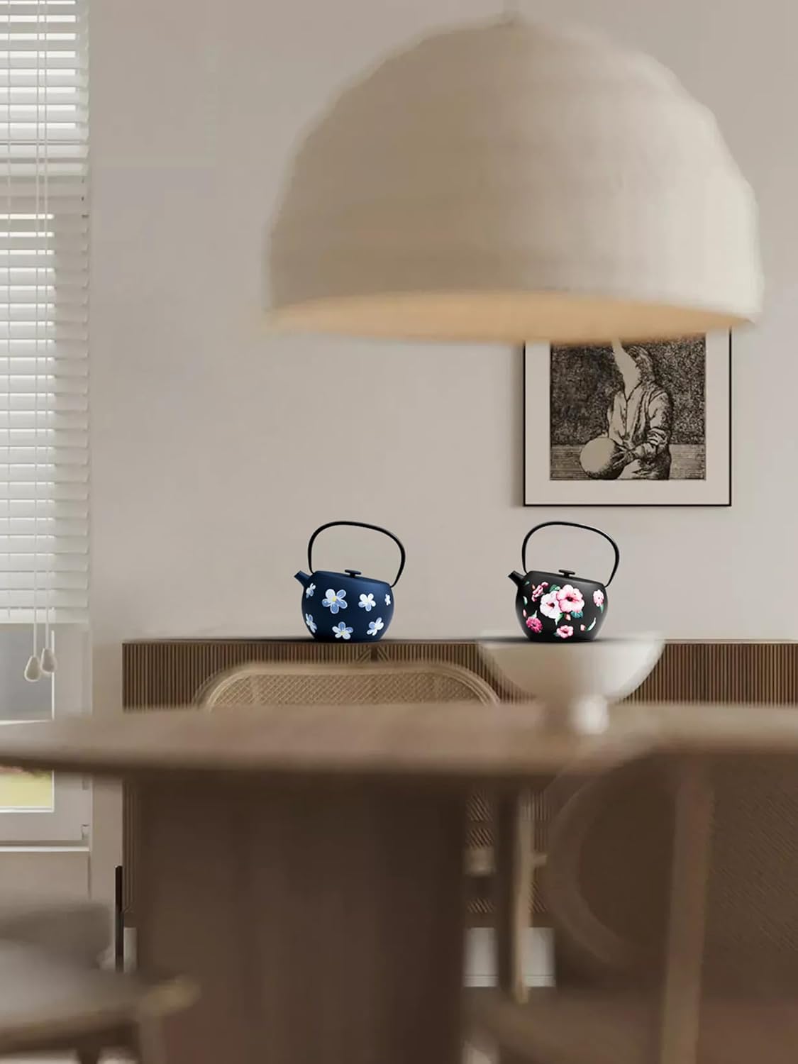 Toptier Teapot with Removable Infuser, Cast Iron Tea Kettle Stovetop Safe, Solid Geometry Ball Design Tea Pot Coated with Enameled Interior for 32 Ounce (950 ml), Morning Glory