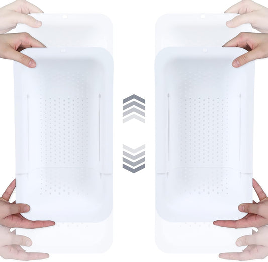 BLUE GINKGO Sink Colander Baskets - (Pack of 2) Wash Vegetables and Fruits, Drain Cooked Pasta and Dry Dishes - Extendable - New Home Kitchen Essentials (2 White)