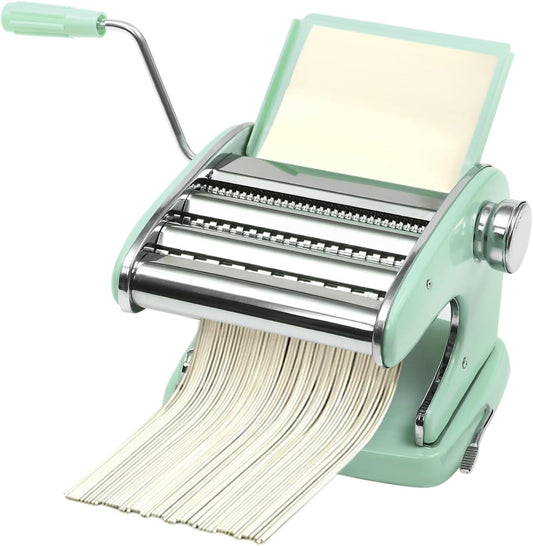 Pasta Maker Machine-6 Adjustable Thickness Settings, Adjustable Clamp, stainless steel Construction for Spaghetti, Fettuccini, Lasagna, Dumpling Skins (Green pasta maker)