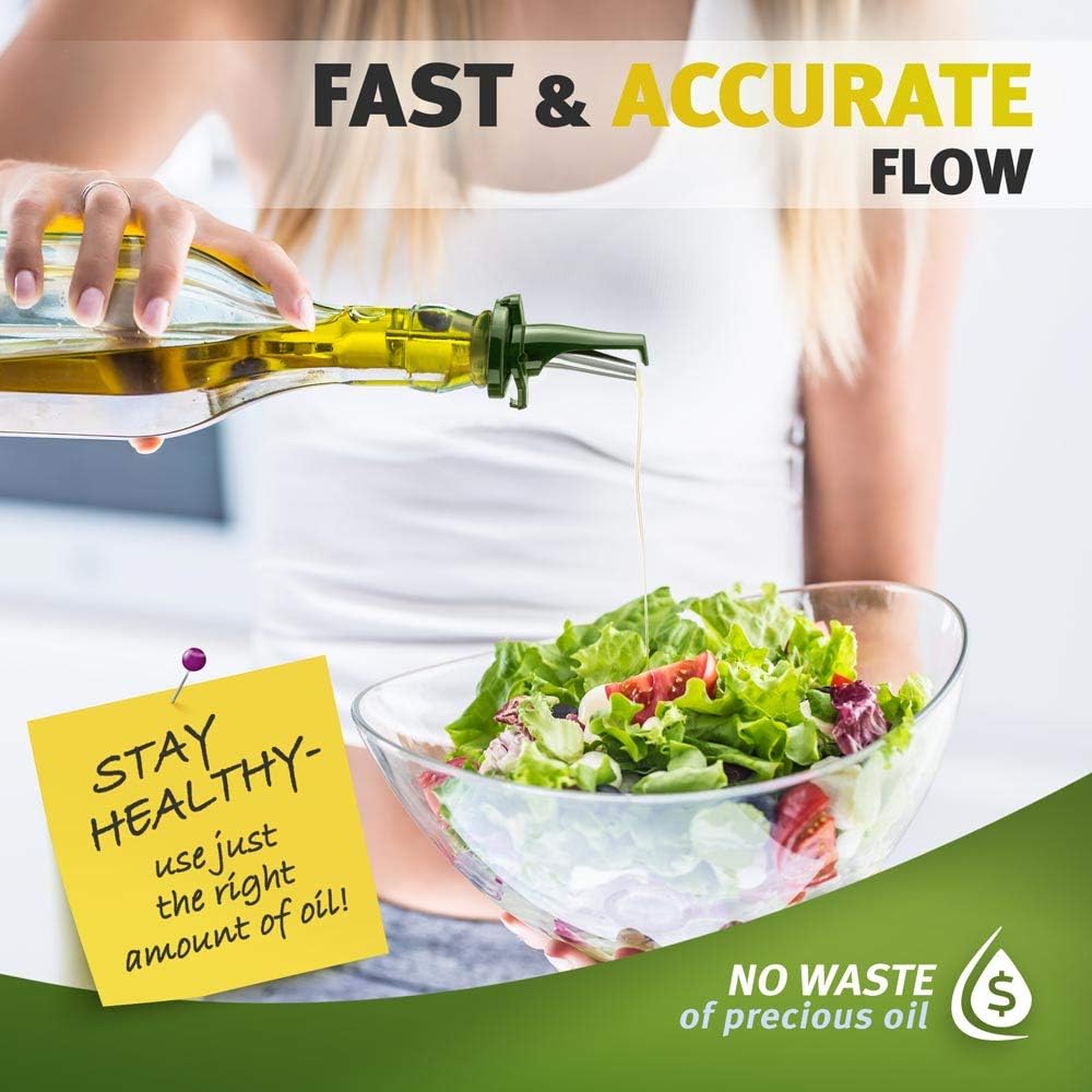 Olive Oil Spout for Olive Oil Dispenser - UK Patented Oil Pourer - Mid Flow Shut Off for Accurate Measurement - One Handed Open & Close Cap Keeps Oil Fresh and Prevents Oxidization - Green 6 Pack