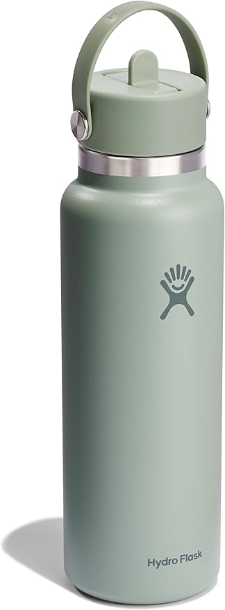 Hydro Flask Water Bottle - Insulated Stainless Steel - Wide Mouth Flex Straw Lid, Non Spill, Leakproof and Refillable in 40 Oz Tonal Agave