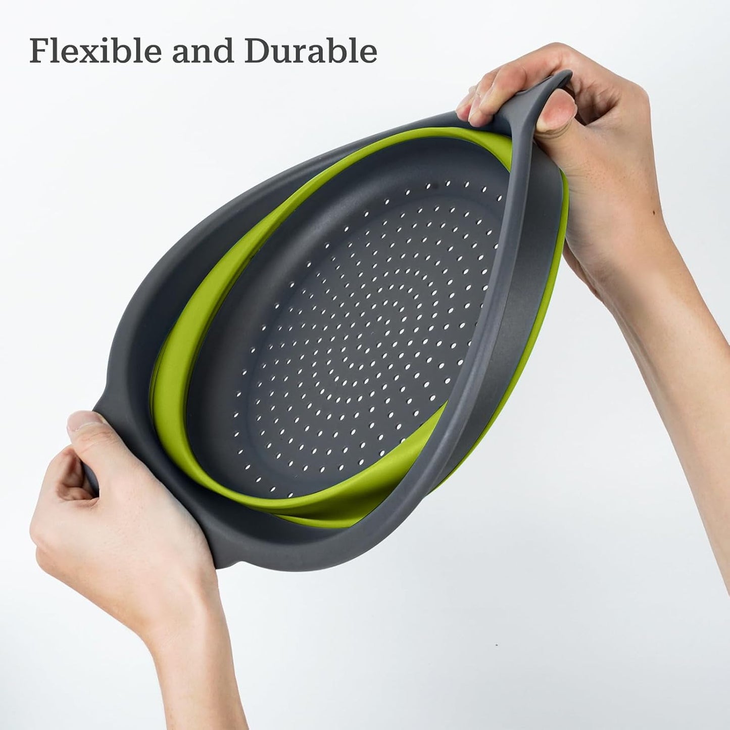Collapsible Colander 3-Pack Set Space-Saving Foldable Kitchen Strainer with Non-Slip Base Durable Thickened PP+TPE Collapsible Strainers for Pasta, Vegetables, Fruits (Gray-Green)