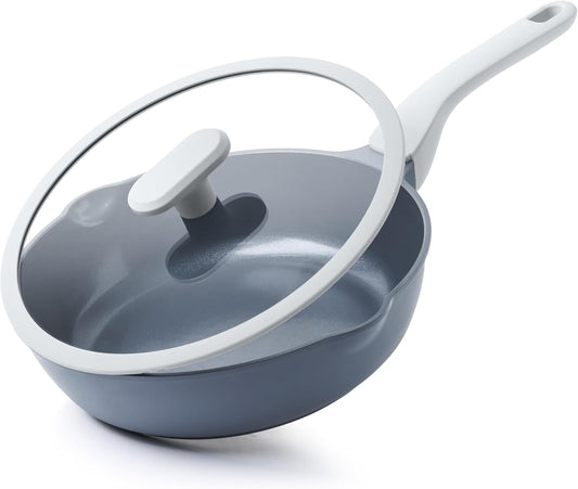 Ceramic Nonstick Deep Saute Pan with Lid, 10/12 Inch Non Toxic Pans with Double Pour Spout, Helper Handle and Lid, Metal Utennsil Safe, Dishwasher Safe, (10 Inch, Gray)