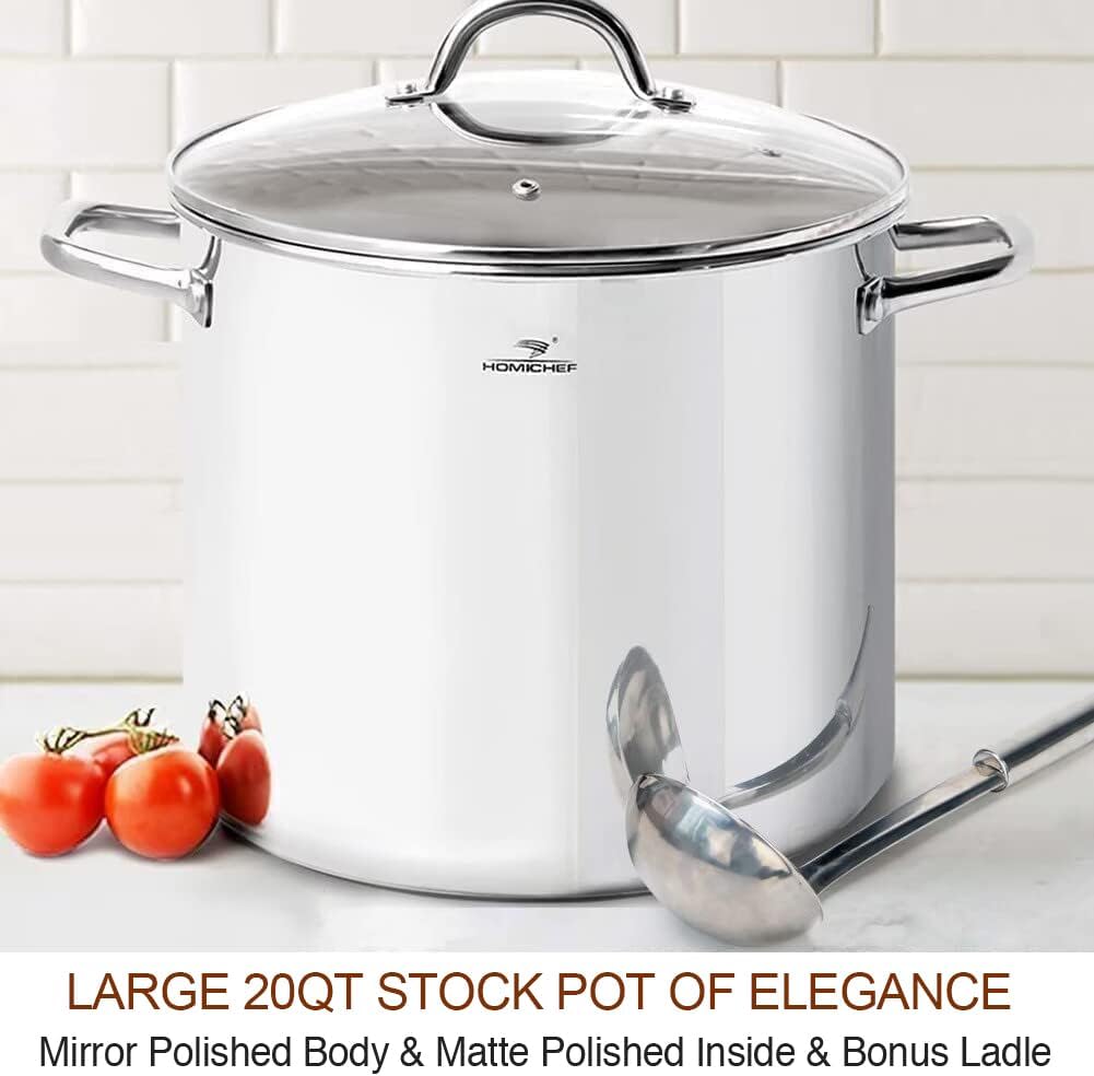 HOMICHEF Commercial Grade LARGE STOCK POT 20 Quart With Lid - Nickel Free Stainless Steel Cookware - Healthy Polished Stockpots - Heavy Duty Induction Soup Pot