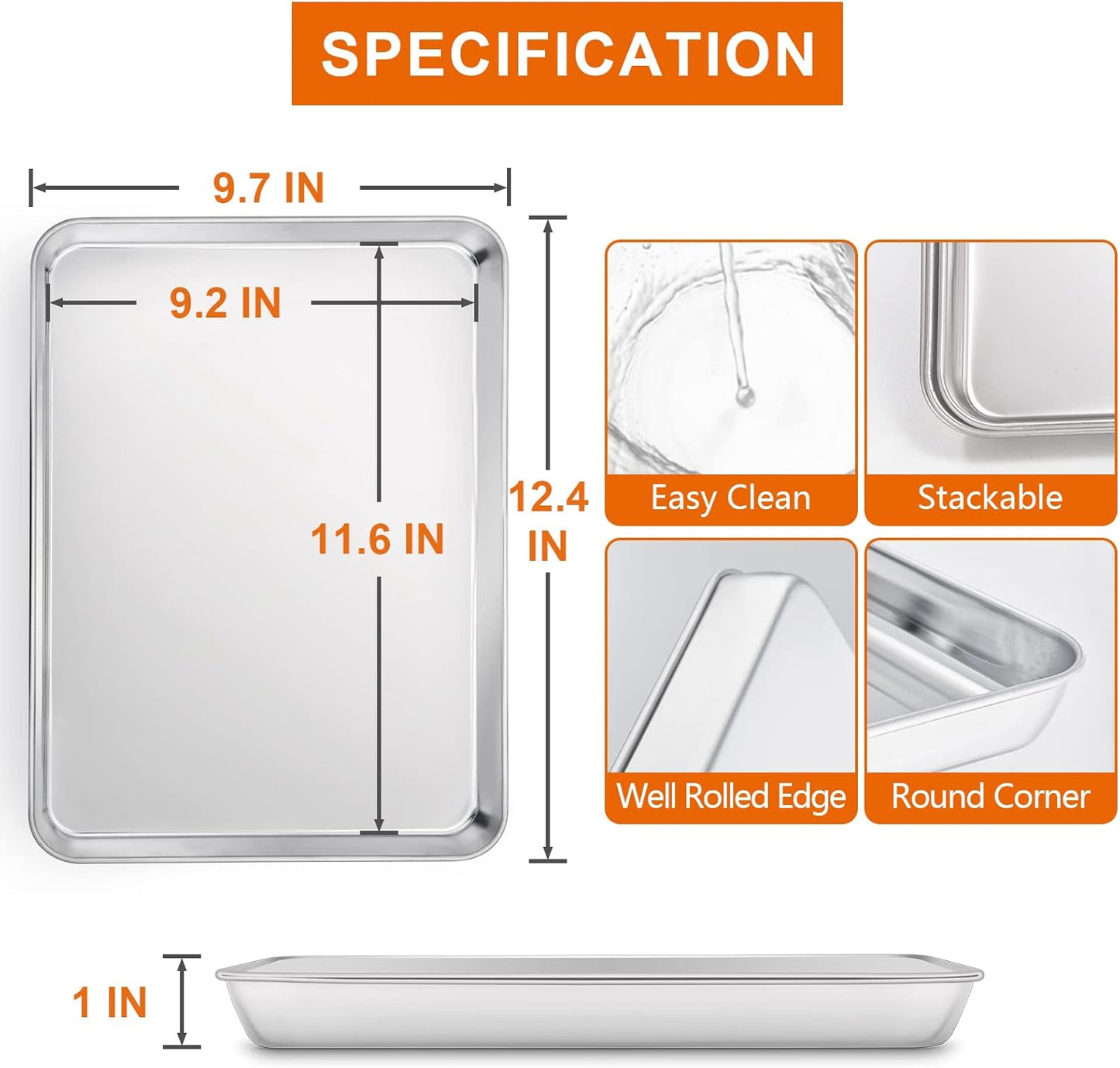E-far Baking Cookie Sheet Set of 2, 12.4”x9.7” Stainless Steel Baking Sheet Pan for Oven with 50 Parchment Paper, Rectangle Baking Tray for Cooking Roasting, Rust Free & Heavy Duty, Dishwasher Safe