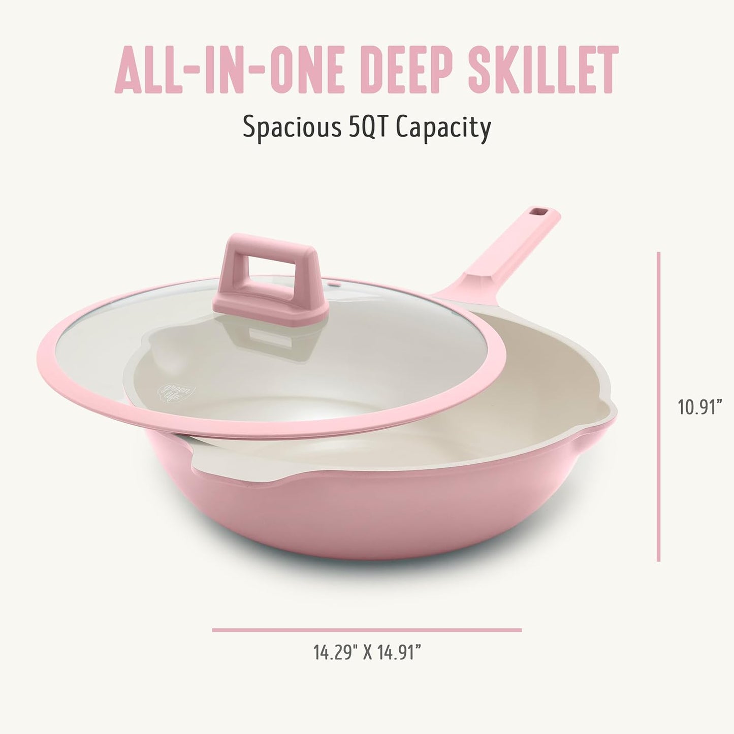 GreenLife Nonstick 12” (5QT) All in One Deep Skillet Wok with Lid, PFAS-Free Non-Toxic Ceramic Multi-Purpose Pan, Induction, All Stovetop, Egg, Stir Fry, Saute, Stay Cool Handle, Pink