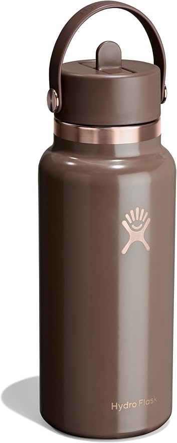 Hydro Flask Water Bottle - Insulated Stainless Steel - Wide Mouth Flex Straw Lid, Non Spill, Leakproof and Refillable in 32 Oz Chocolate Rose Gold