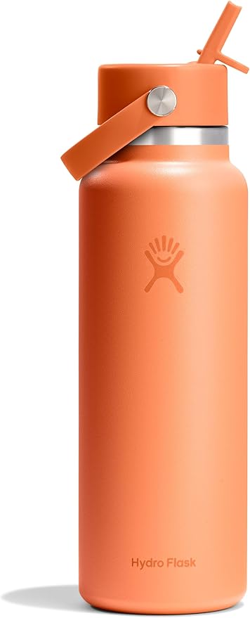 Hydro Flask Water Bottle - Insulated Stainless Steel - Wide Mouth Flex Straw Lid, Non Spill, Leakproof and Refillable in 40 Oz Nectar Orange