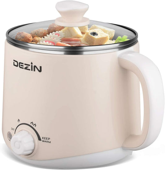 Dezin Electric Pot, 1.6L Ramen Cooker, Hot Pot Electric Stainless Steel, Multifunctional Cooker for Egg, Pasta, Soup, Porridge, Oatmeal with Temperature Control and Keep Warm Function