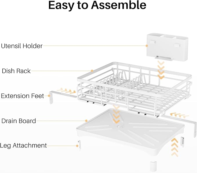SNTD Dish Drying Rack - Extendable Dish Rack, Large Sink Drying Dish Drainer for Kitchen Counter, Stainless Steel Dish Strainer with Utensil Holder (White)