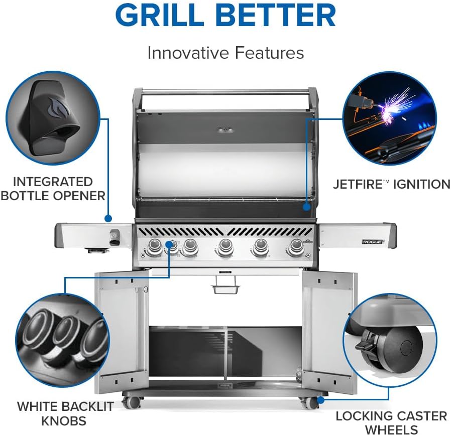 Napoleon Rogue PRO 625 Propane Gas Grill with Infrared Side Burner, Stainless Steel, Durable 6-Burner Gas BBQ