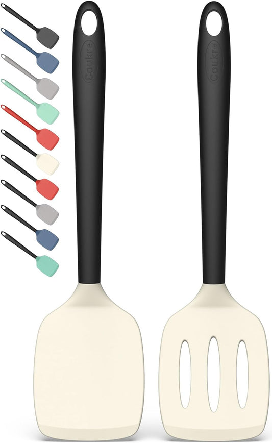 Coukre 2 Pack Silicone Spatula Set, High Heat Resistant, BPA Free Kitchen Spatula, Solid & Slotted Turner for Non-Stick Pans, Sautéing, and Flipping (2, Beige)
