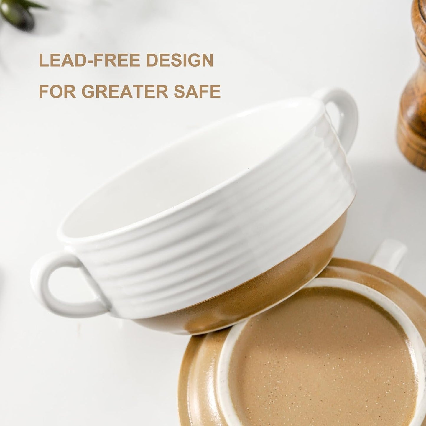 Hasense French Onion Soup Bowls, 20 oz Ceramic Soup Bowls with Handle, Stacked Oven Safe Bowl Set, Perfect for Chili, Beef Stew, Pasta, White Soup Serving Bowls for Kitchen, Set of 4