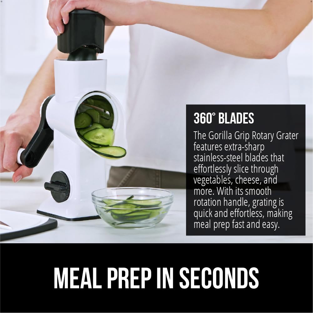 GORILLA GRIP BPA-Free Rotary Cheese Grater Hand Crank, Easy to Set Up, Strong Suction Base for Kitchen Countertop, Shred Potato, Vegetable, Nuts in Seconds, Round Mandoline Slicer, 3 Blades, White