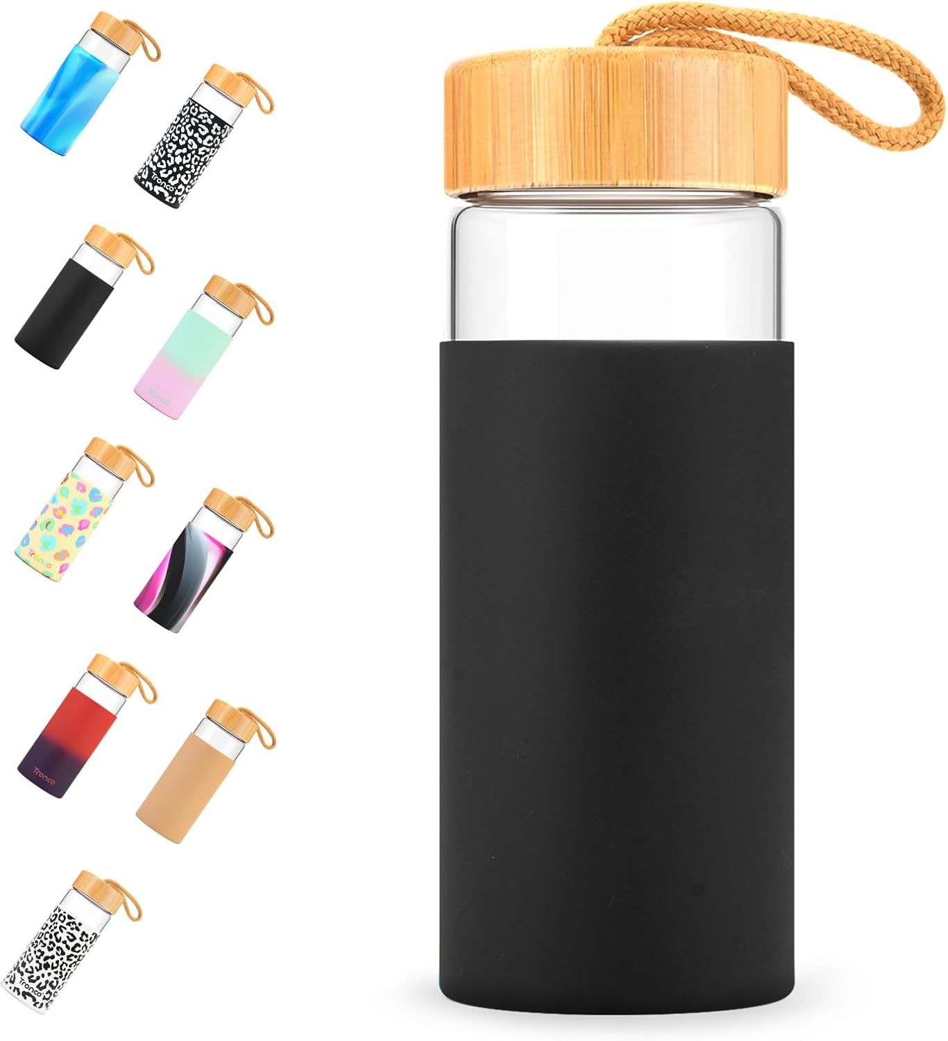 Tronco 20oz Borosilicate Glass Water Bottle with Bamboo Lid, Non-Slip Silicone Sleeve, Leak-Proof and Reusable Glass Bottle Perfect for gifts,Travel, Gym, and Everyday Use, BPA-Free, Dishwasher Safe