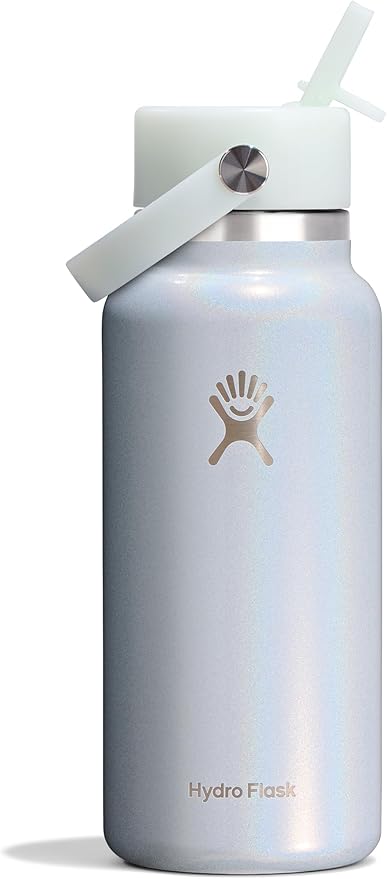 Hydro Flask Water Bottle - Insulated Stainless Steel - Wide Mouth Flex Straw Lid, Non-Spill, Leakproof and Refillable in 32 Oz Glimmer Blue