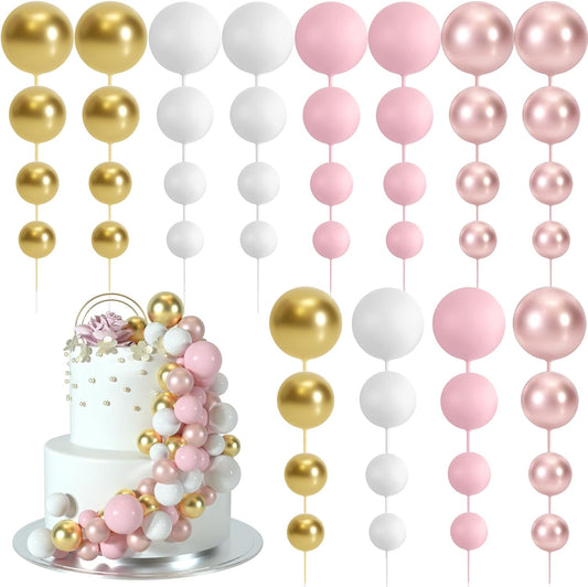 48 Pcs Cake Topper Decorations - Balloon Cupcake Toppers, Foam Balls for Birthday Party Wedding Cake Decorating (Rose Gold, Pink, White, Gold)