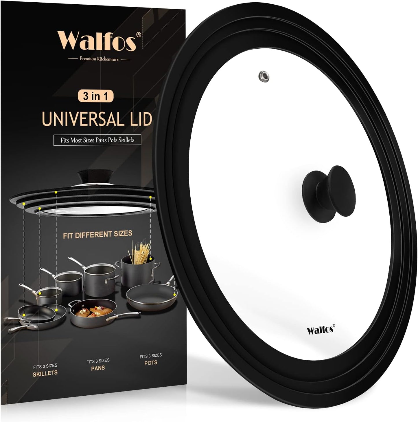 Universal Lid for Pots, Pans and Skillets Fits 10.5", 11.5" and 12" Diameter Cookware - Walfos Tempered Glass Pan Lid with Heat Resistant Silicone Rim, BPA Free Large Pot Lids, Dishwasher-Safe, Black