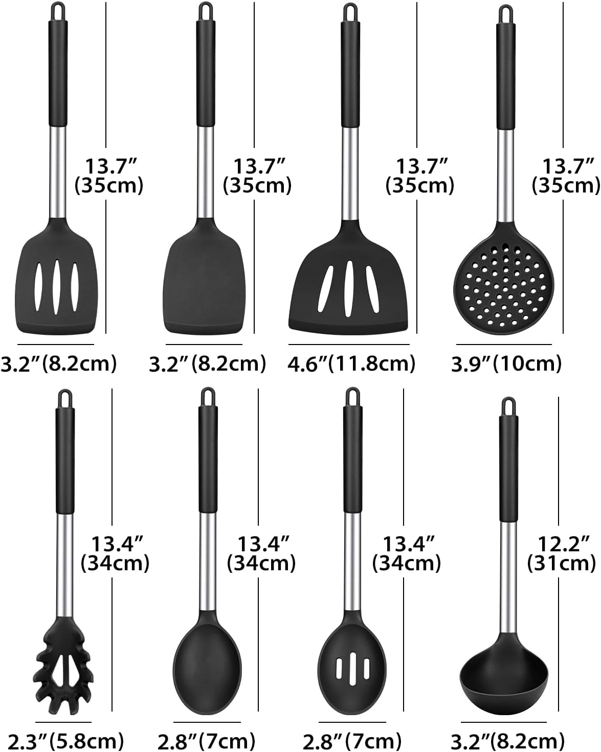 Silicone Cooking Utensil Set, 8Pcs Non-stick Cookware with Stainless Steel Handle, BPA Free Heat Resistant Kitchen Tools with Spatulas, Turners, Spoons, Skimmer and Pasta Fork