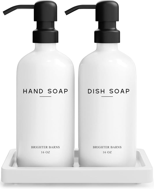 White Glass Hand and Dish Soap Dispenser Set by Brighter Barns - Kitchen Soap Dispenser Set with Tray for Kitchen, Home or Vacation Rental - Modern Kitchen Decor & Accessories (White)