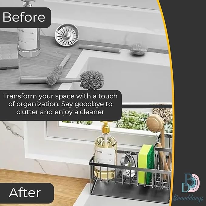 Cisily Black Sponge Holder for Kitchen Sink – Rustproof 304 Stainless Steel Sink Caddy Organizer with High Brush Holder – Kitchen Countertop Storage for Sponges, Soap & Dispensers