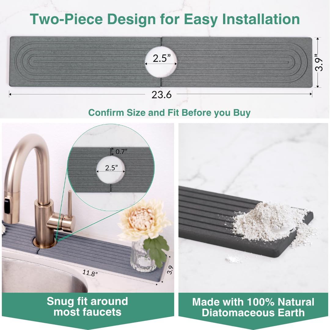 Drying Stone Faucet Mat for Kitchen Sink | Diatomite Sink Tray | Super Absorbent Quick Drying Stone Mat | Kitchen Tray for Counter | Faucet Splash Guard for Bathroom Counter (Dark Gray, 23.6" x 3.9")