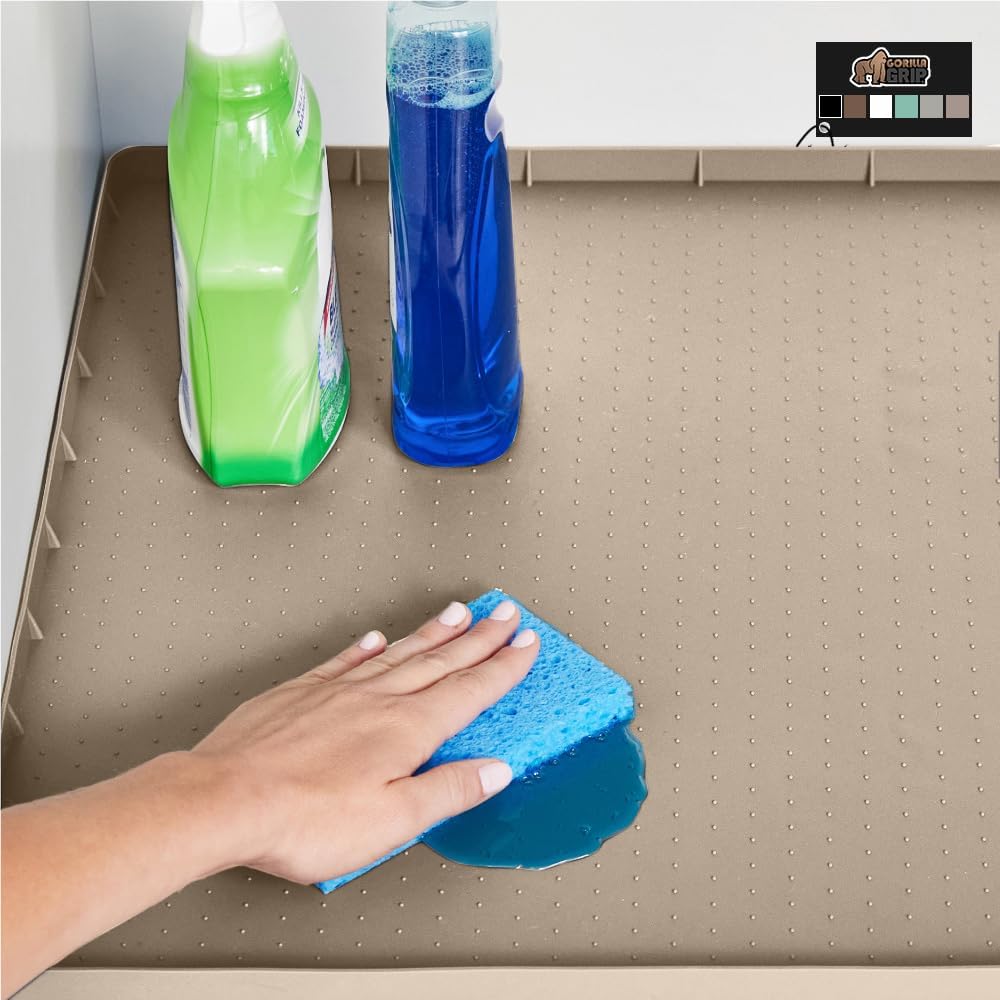 GORILLA GRIP Waterproof Silicone Under Sink Mat with Raised Lip for Kitchen and Bathroom, 46 x 22 in, Cabinet Shelf Liner Stay in Place Mats Dishwasher Safe Drawer Liner, Organizer Tray, Beige