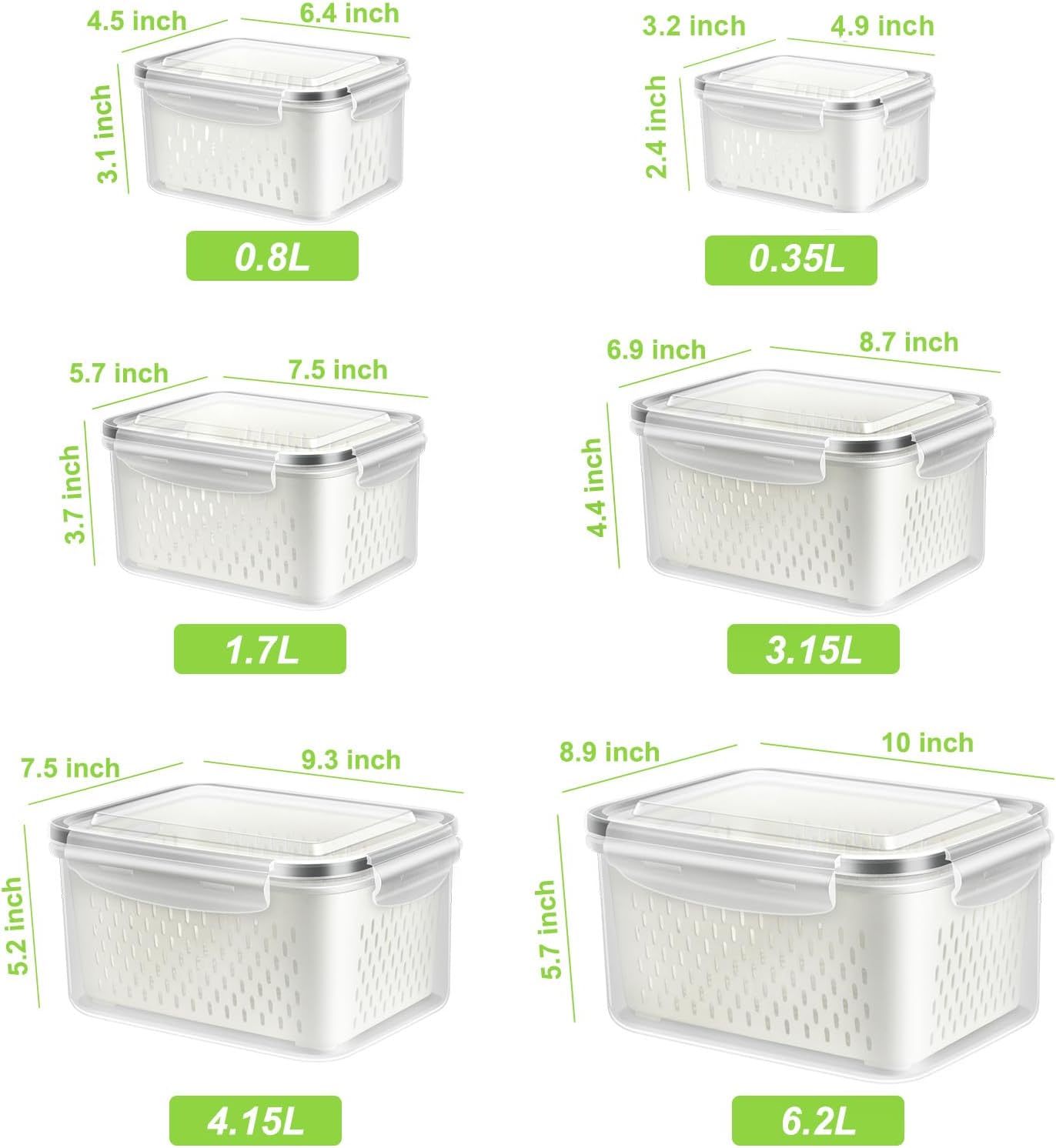 6 Pack Fruit Storage Containers for Fridge, Produce Saver Vegetable Container with Drain Colanders - Refrigerator Organizer for Lettuce Keepers Berry Container