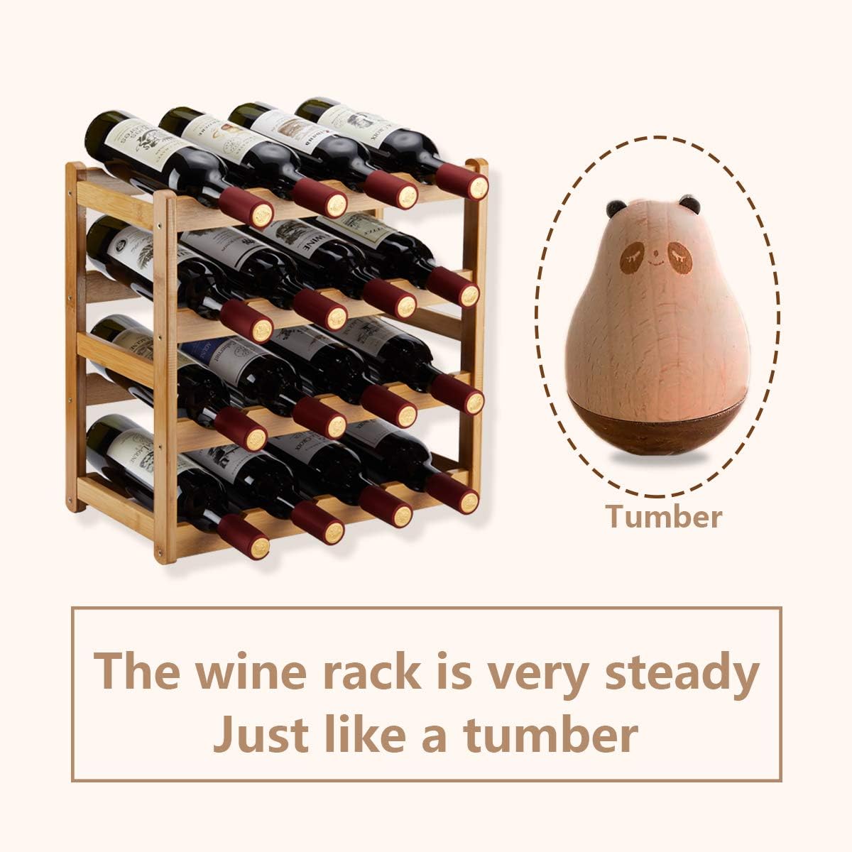 Bamboo Wine Rack, Sturdy and Durable Countertop Wine Storage Cabinet Shelf for Pantry - 4 Tiers 16 Bottle Wine Rack