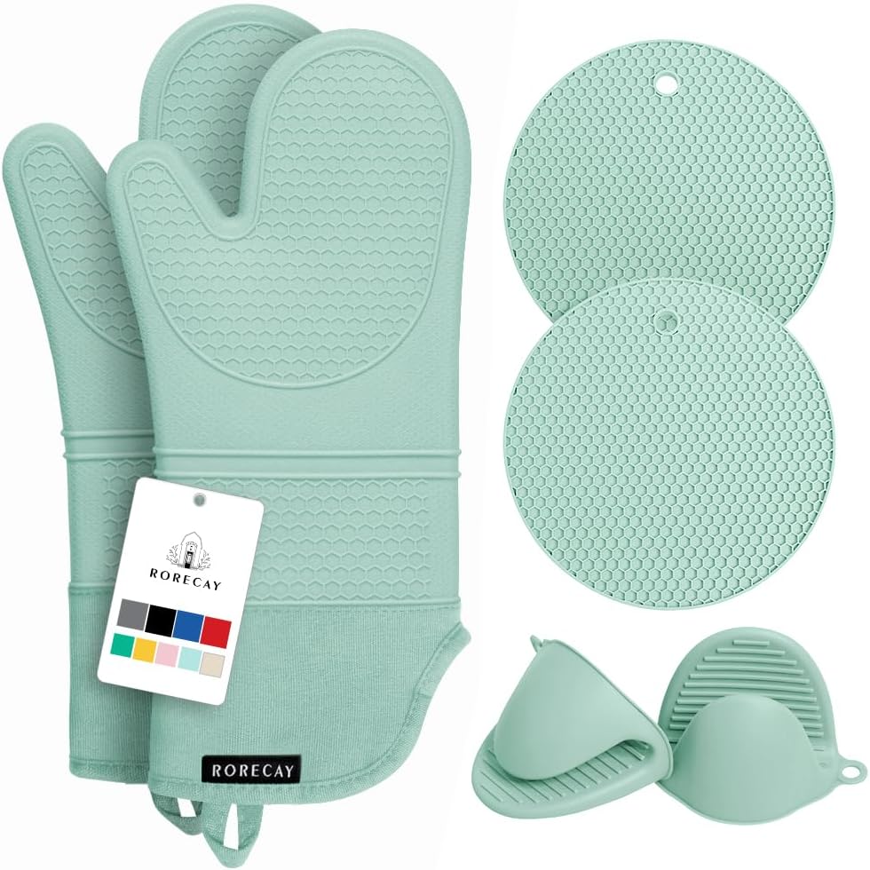Rorecay 6pcs Oven Mitts and Pot Holders Sets Heat Resistant 500 Degrees, Extra Long Silicone Oven Gloves Non-Slip Potholders Hot Pads for Kitchen Baking Cooking, Quilted Liner, Bermuda Teal