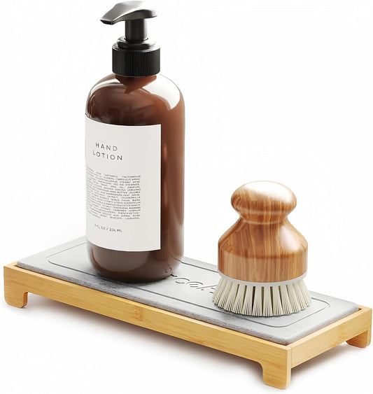 SpaceAid DryingNeat Instant Dry Sink Caddy Organizers, Kitchen Sponge Soap Holder Dispenser, Countertop Fast Drying Counter Tray Rack (Bamboo, Gray)