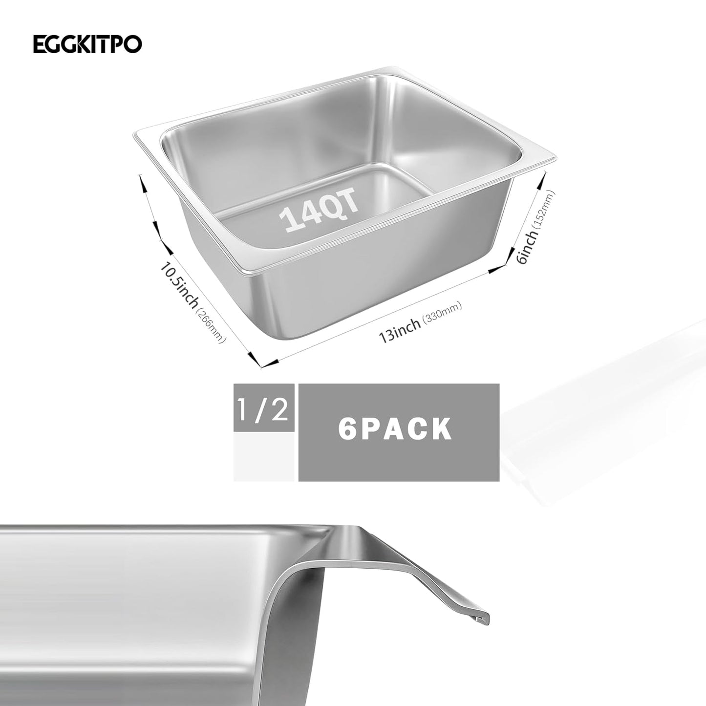 6-Pack Steam Table Pan Half Size 6 Inch Hotel Pan, Stainless Steel Metal Food Pan for Restaurant Food Container Warming Pans for Daily Use and Commercial