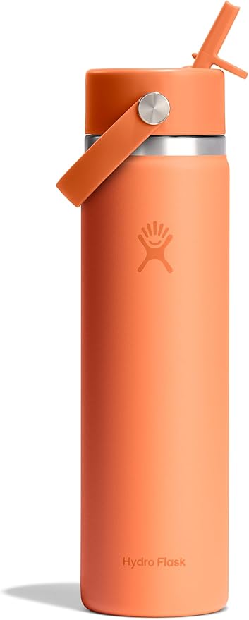 Hydro Flask Water Bottle - Insulated Stainless Steel - Wide Mouth Flex Straw Lid, Non Spill, Leakproof and Refillable in 24 Oz Nectar Orange