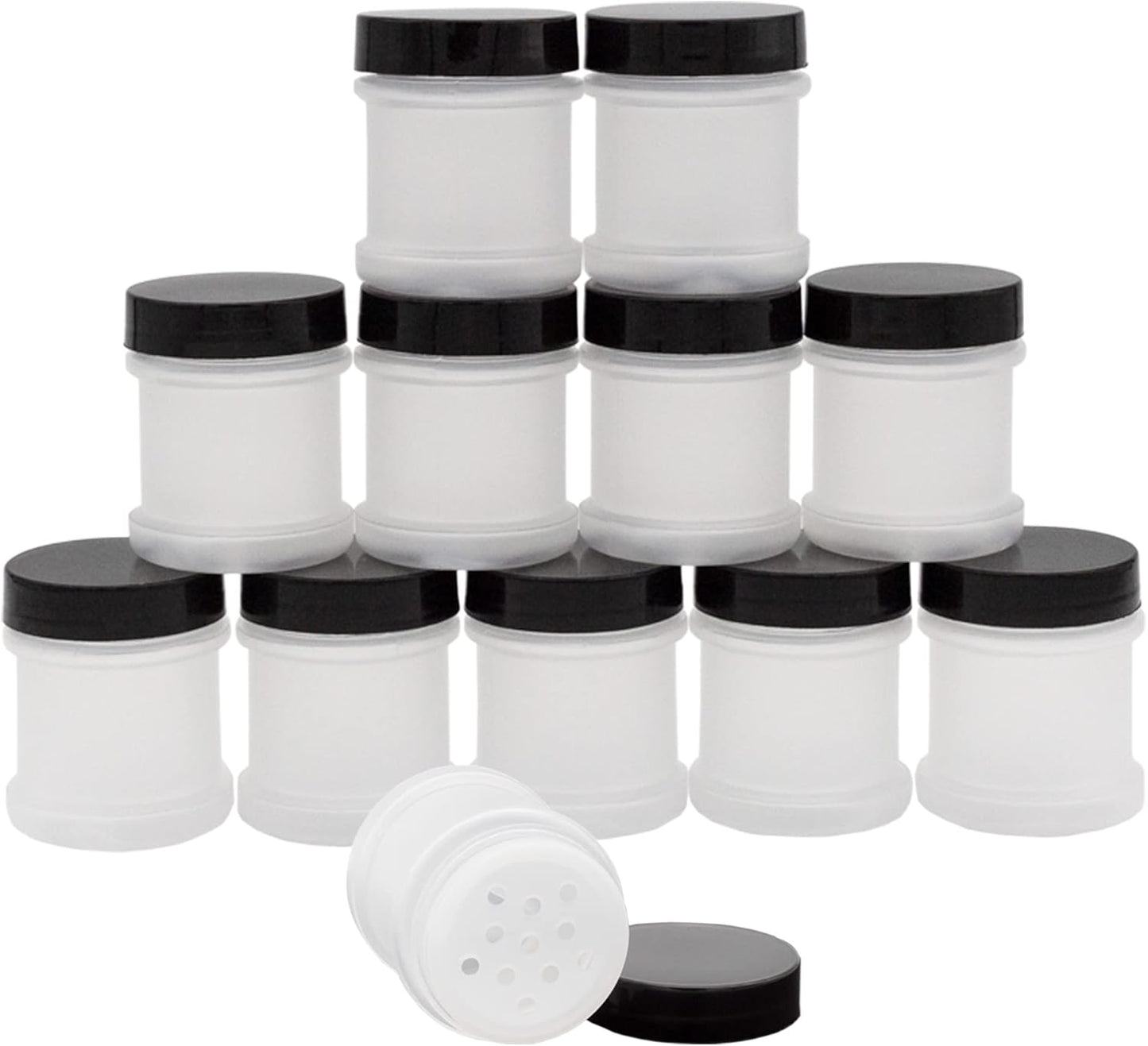 Cornucopia Brands Mini Plastic Spice Jars w/Sifters (12-Pack, Black); 2 Tablespoon Capacity (1 Fluid Ounce) Spice Bottles for Travel, Glitter, Gifts, Favors