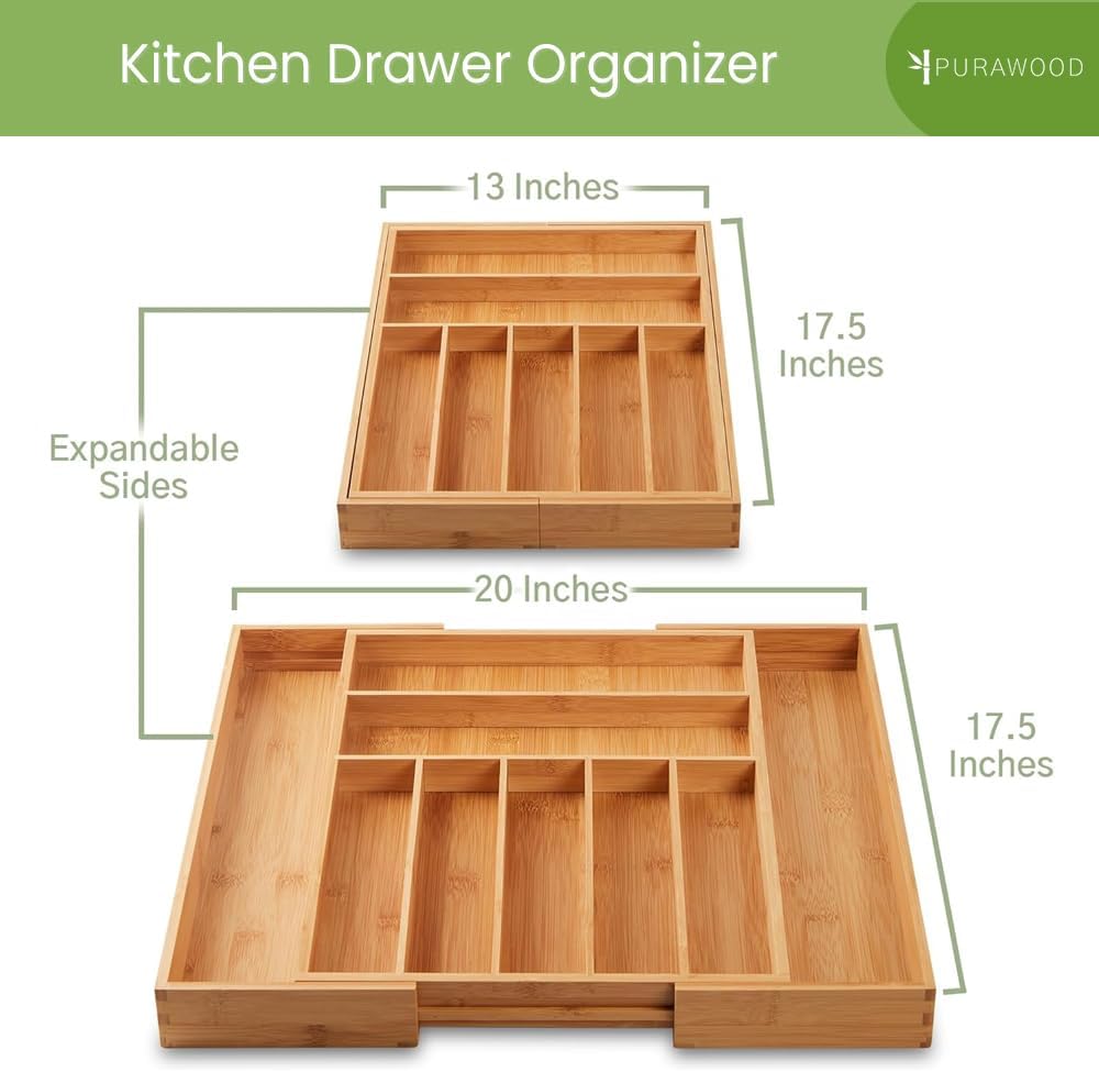 Bamboo Drawer Organizer, 2 Pack - Expandable Silverware Organizer & Utensil Drawer Organizer, Cutlery Tray with Dividers, 7-9 Slots - Premium Kitchen Organizer for Utensils & Flatware (Natural)