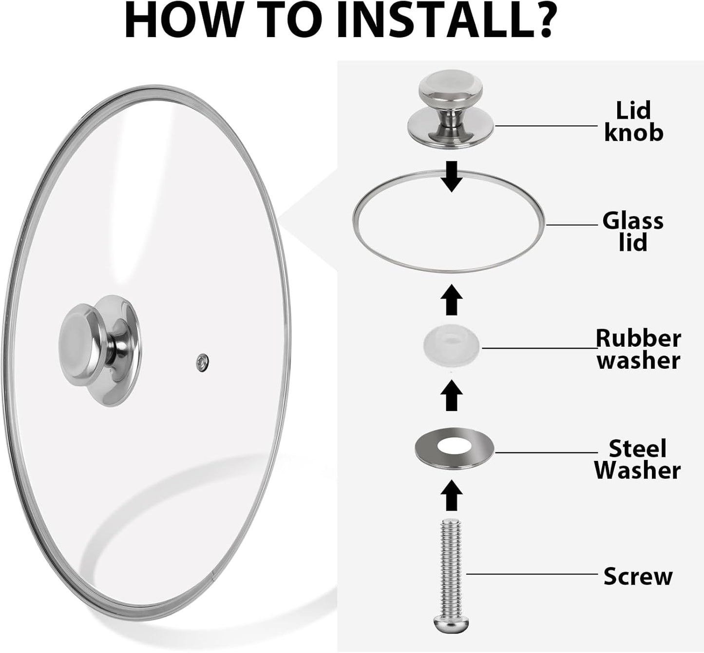 12 inch Tempered Glass Lid for Pots, Frying Pans and Skillets, Replacement Cover with Stainless Steel Knob Handle, Dishwasher Safe