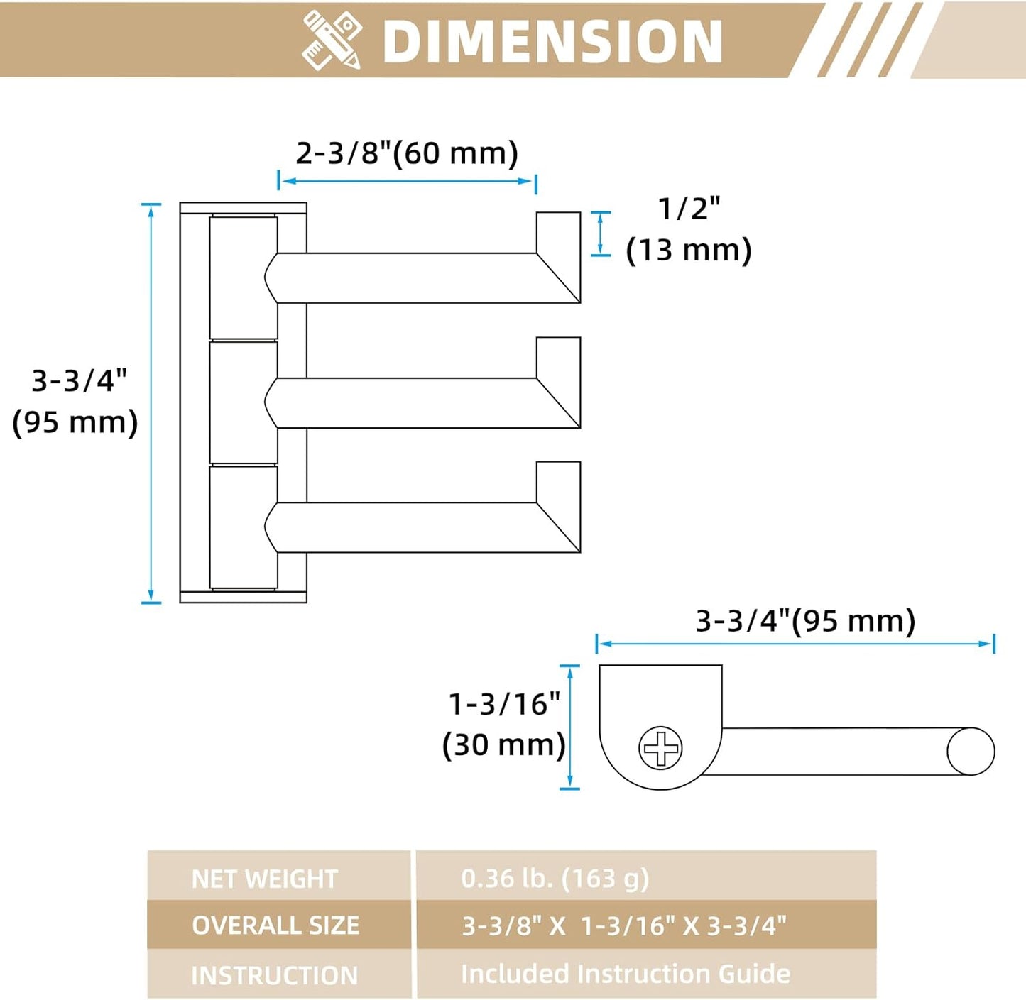 Suyar Bathroom Towel Hook Polished Chrome, SUS 304 Stainless Steel Swivel Robe Hook with 3 Arms, Towel Hanger Wall Mounted