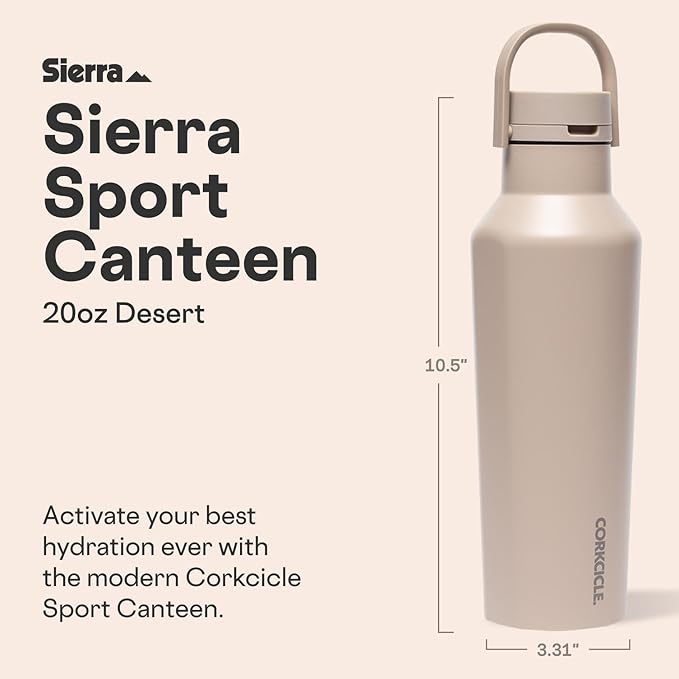 Corkcicle Sport Canteen - Keeps Drinks Cold 25 Hours - Stainless Steel Water Bottle - Triple-Insulated - Spill-Proof - Summer Drinkware Gift - Keeps Drinks Ice Cold - 20 oz - Desert