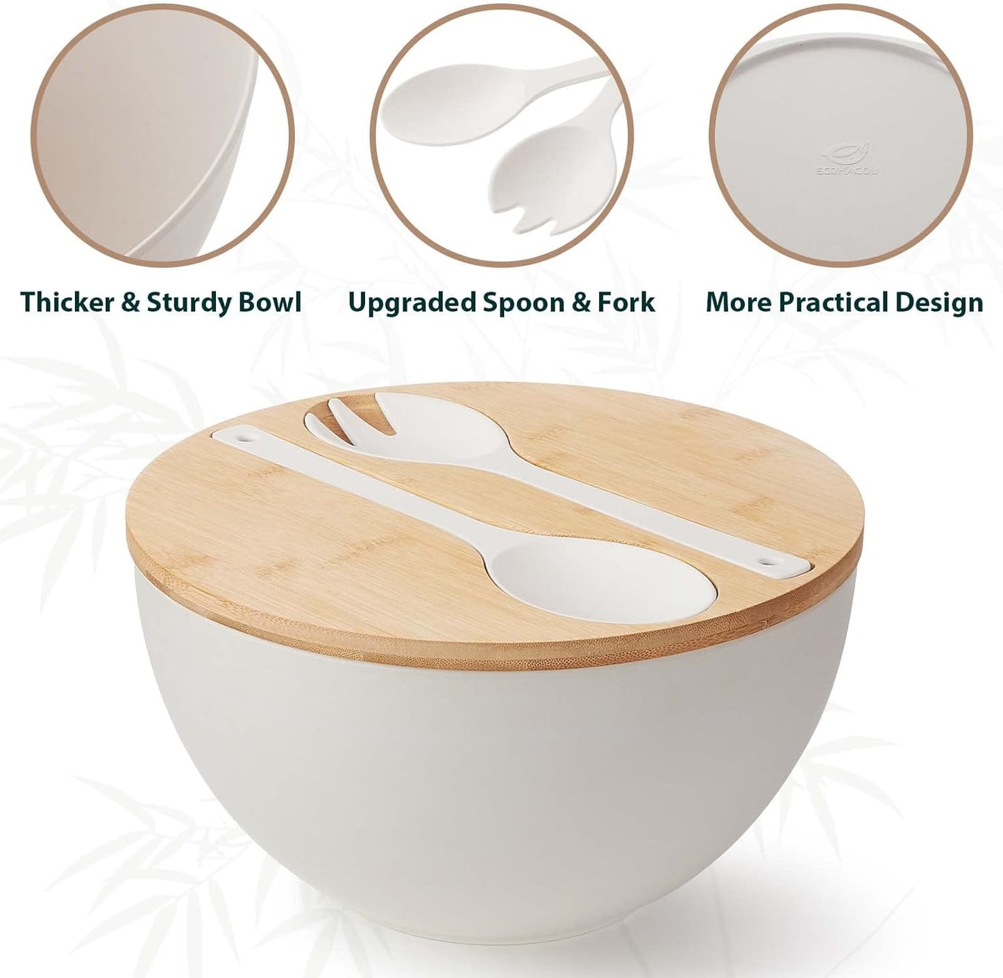 11.3" Extra Large Salad Serving Bowl Set with Wooden Lid&Utensils, 6.5Qt., Bamboo Fiber Salad Bowl with Servers for Kitchen, Lightweight Big Bowl for Mixing Salad,Fruit,Pasta - Matte White