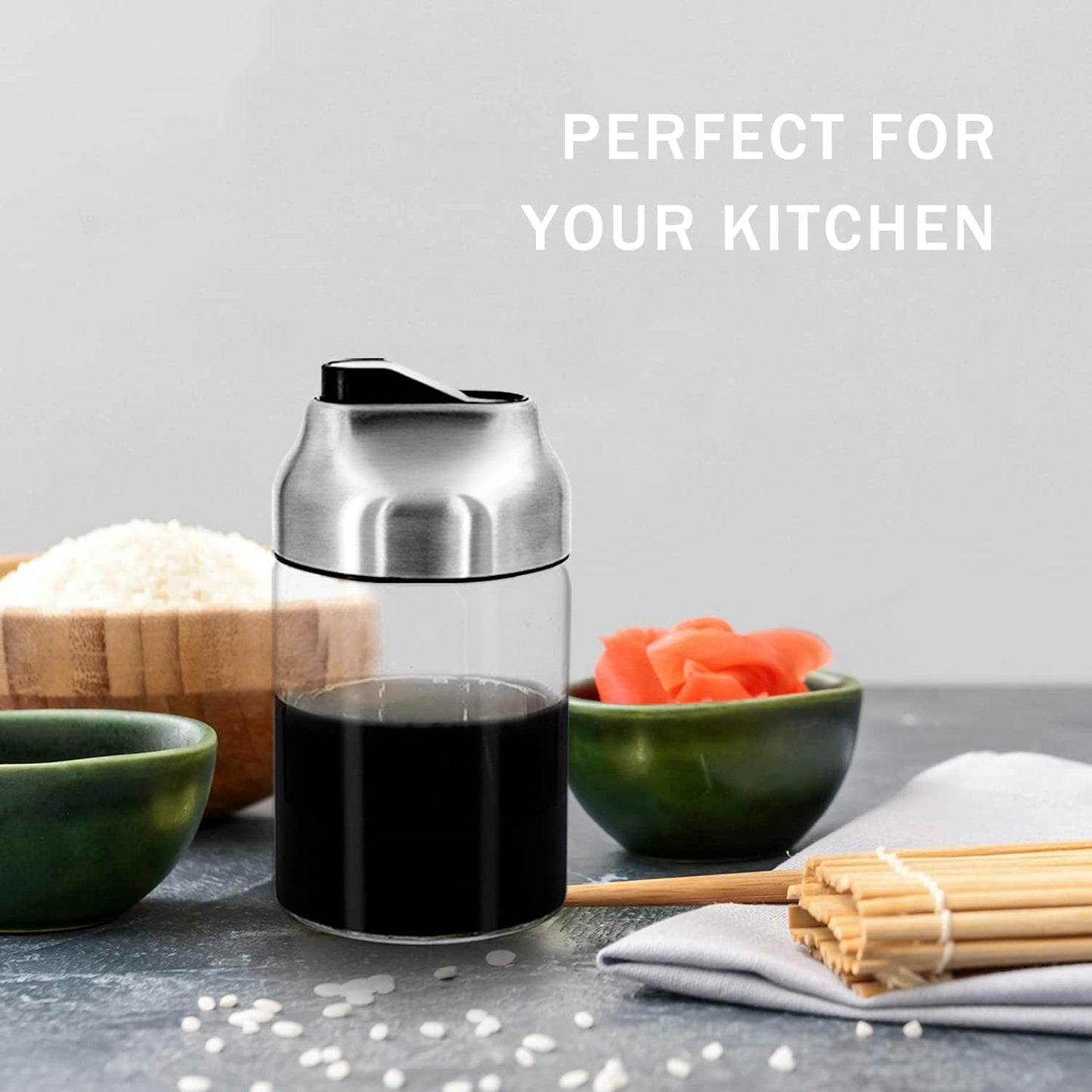 Aelga Soy Sauce Dispenser, 7oz Non-Drip Spout Oil and Vinegar Dispenser with Auto Flip Cap, Glass Oil Cruet for Kitchen Cooking