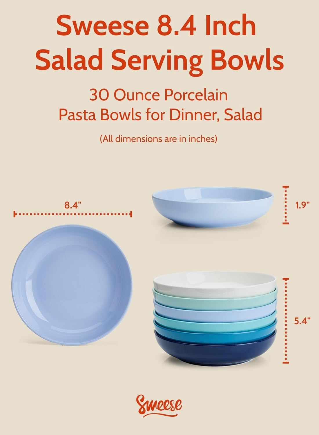 Sweese Pasta Bowls, 30 Ounce Salad Serving Bowls Set of 6, 8.4 Inch Porcelain Plates for Serving Dinner, Salad - Microwave Dishwasher Safe, Cool Assorted Colors