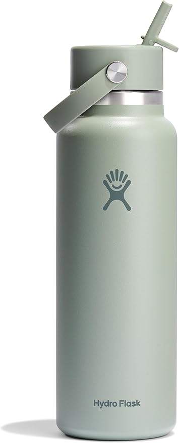 Hydro Flask Water Bottle - Insulated Stainless Steel - Wide Mouth Flex Straw Lid, Non Spill, Leakproof and Refillable in 40 Oz Tonal Agave