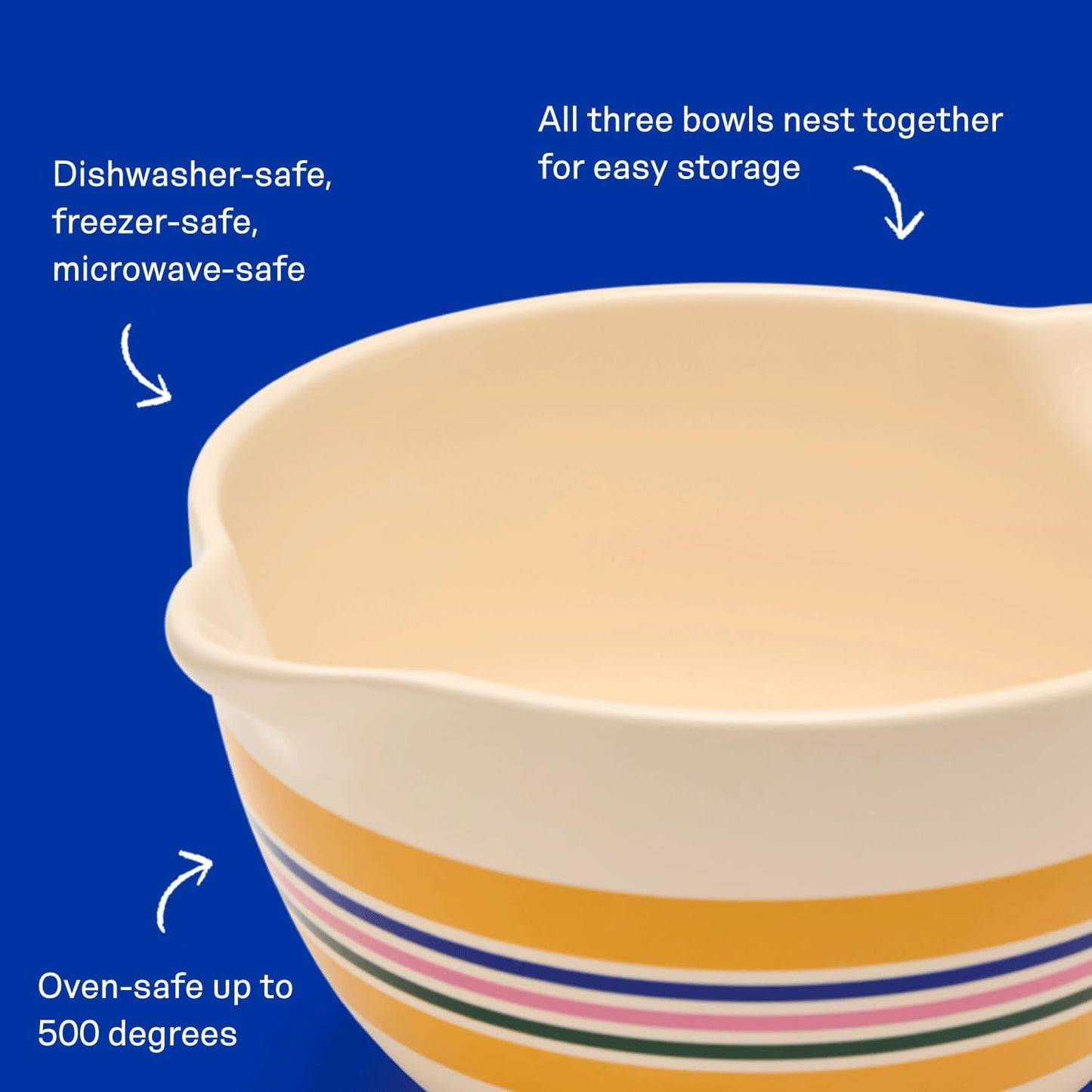 Great Jones Stir Crazy (Striped) | 3-Piece Stackable Ceramic Mixing Bowl Set | Dishwasher, Freezer & Microwave-Safe | Perfect for Baking, Serving & Mixing | Nesting Design for Easy Storage