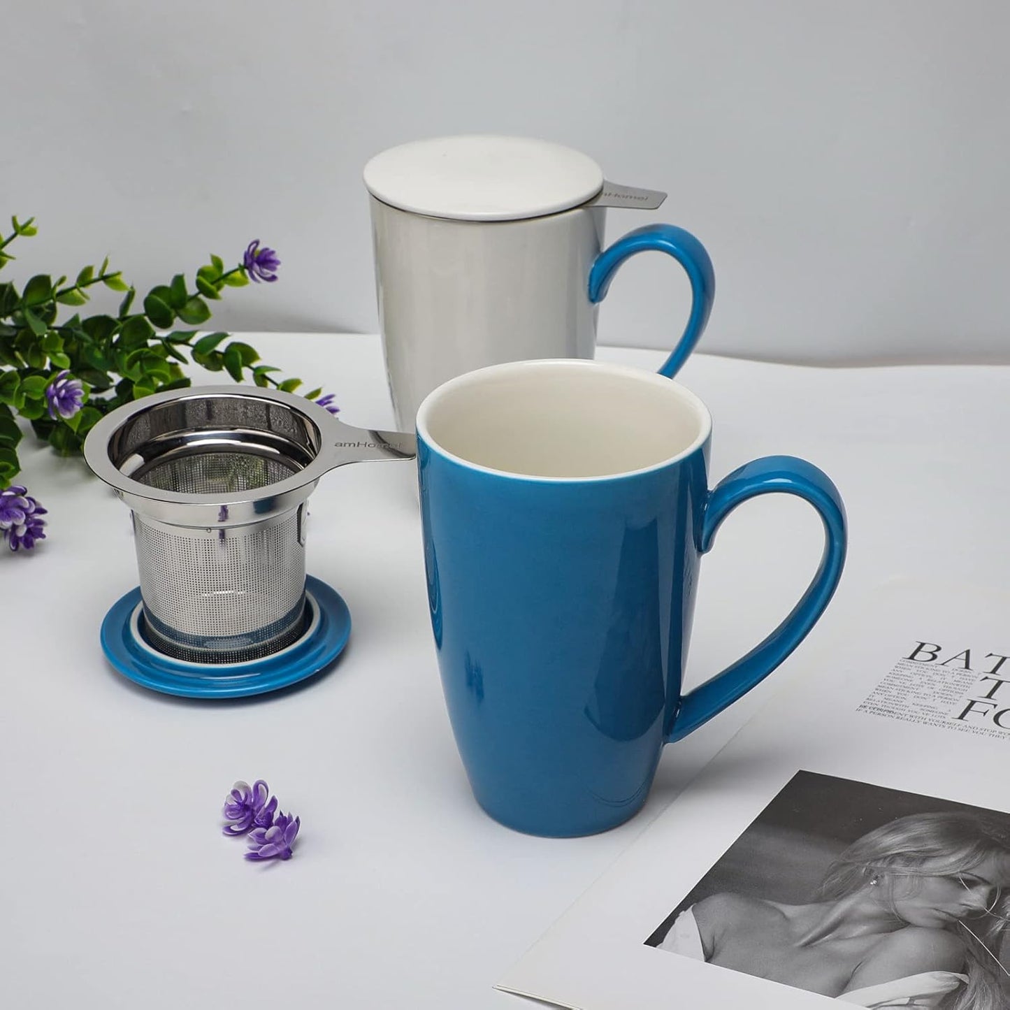 amhomel Porcelain Tea Mug with Infuser and Lid, 16 Ounce Ceramic Tea Cup for Loose Leaf, Coffee, Cocoa and Milk, Tea Gift for Tea Lovers, Set of 2(Blue and White)