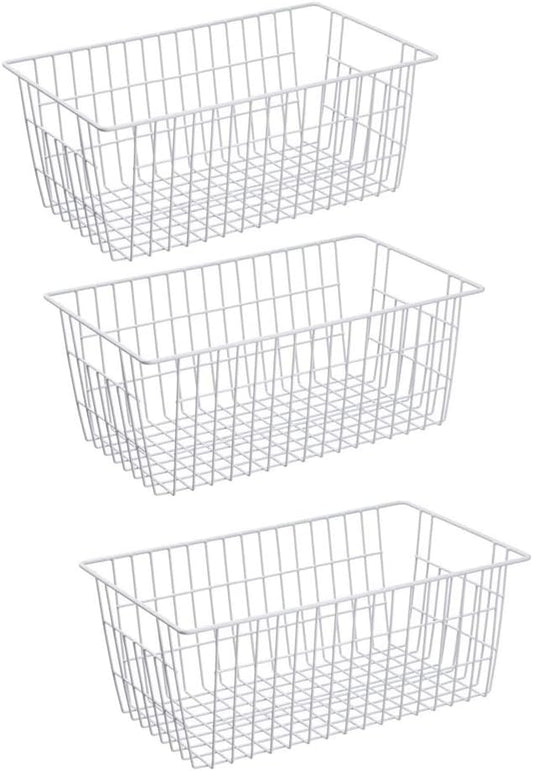 Slideep Farmhouse Metal Wire Basket, Fridge Freezer Storage Organizer Bins with Handles for Kitchen Cabinets, Pantry, Closets, Bedrooms, Bathrooms, White 3 Pack