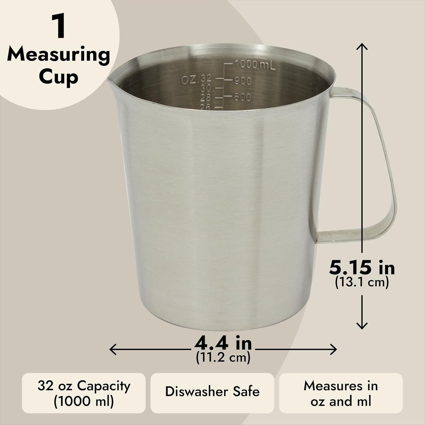 Juvale 4-Stainless Steel Metal Measuring Cups - 32 Oz/1000 mL, With Handle - Stainless Steel Graduated Pitcher with Ounce & Milliliter Markings