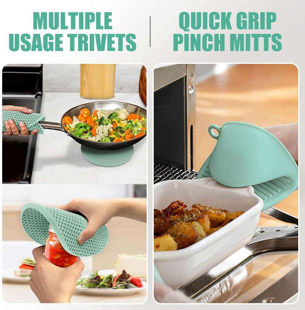 Rorecay 6pcs Oven Mitts and Pot Holders Sets Heat Resistant 500 Degrees, Extra Long Silicone Oven Gloves Non-Slip Potholders Hot Pads for Kitchen Baking Cooking, Quilted Liner, Bermuda Teal