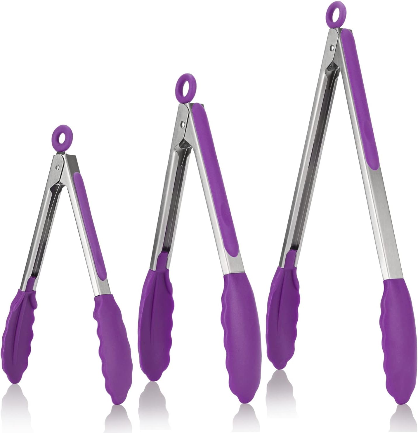 U-Taste Kitchen Tongs, 7/9/12 inches Cooking Tongs, with 600ºF High Heat-Resistant Non-Stick Silicone Tips, 18/8 Stainless Steel Handle, for Food Grill, Salad, BBQ, Frying, Serving, Pack of 3(Purple)